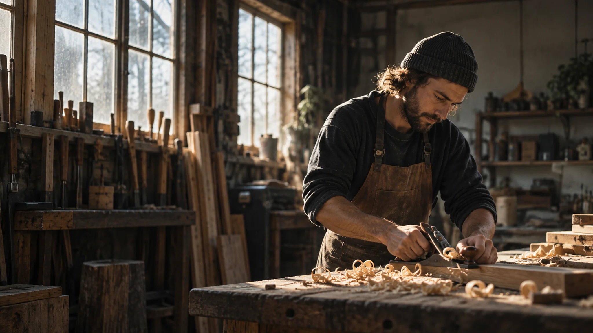 A craftsperson absorbed in working timber at a sunlit workshop bench. Illustrative image.